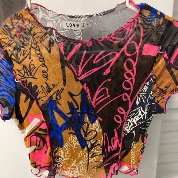 Love J Tops - Mesh Graffiti Crop Top